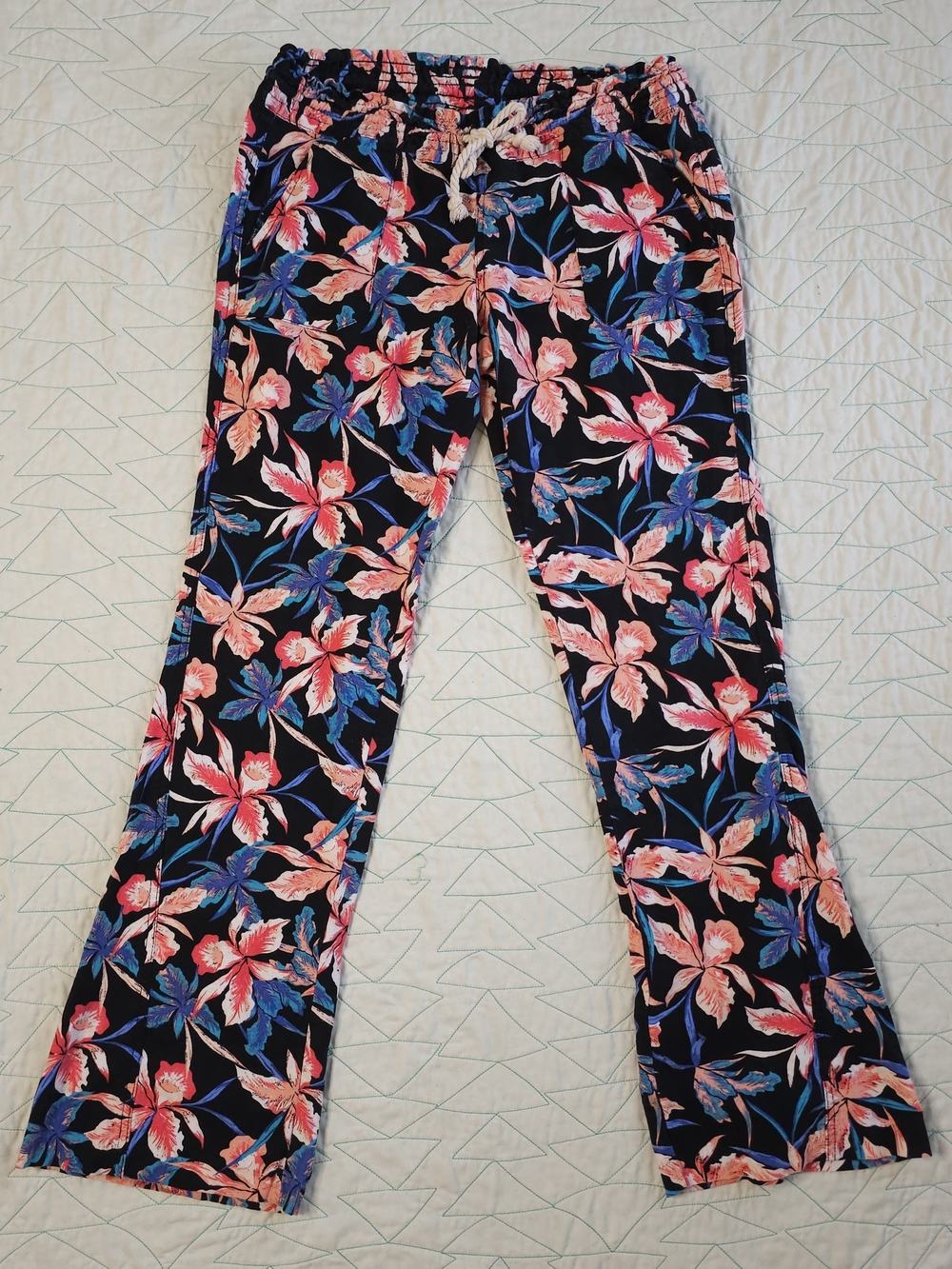 Roxy Black Tropical Floral Linen Blend Beach Flare Leg Pull On Pants
